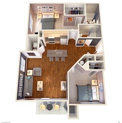 Floor plan for 2 beds, 2 baths, 1061 sqft